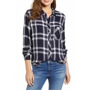 Rails Liza White Navy Midnight Powder Button-Up Plaid Pocket Shirt Size Medium